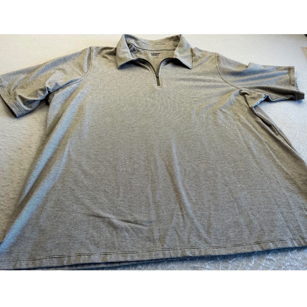 Lands' End Quarter Zip Polo Shirt Micro Stripe Green Wht XL Short Sleeve Stretch